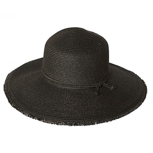 Wide Brim Braided Paper Straw Hat w/ Frill - Black - HT-ST255BK